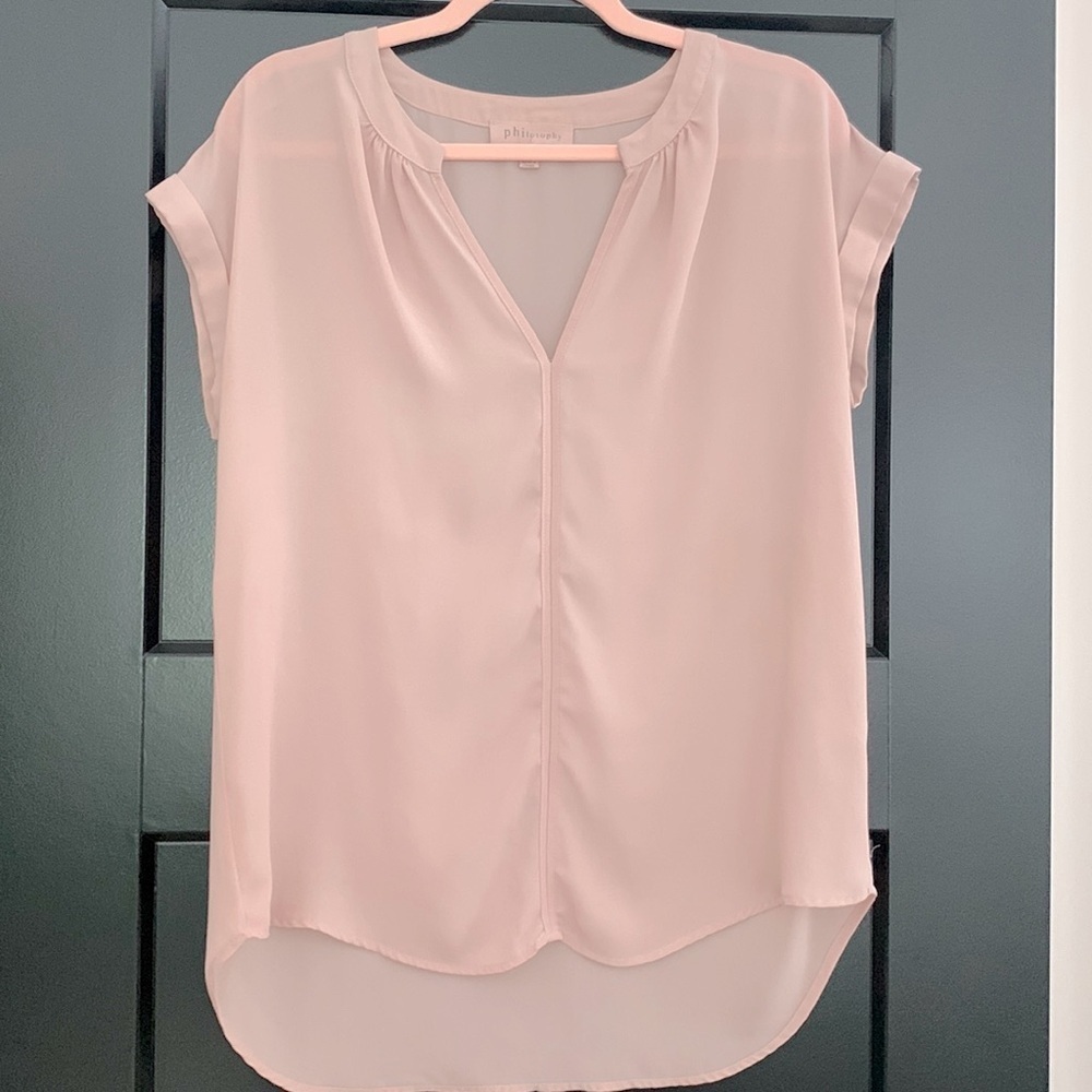 Philosophy Sheer Pink/Mauve, Cap Sleeve, V-Neck Blouse. High/Low. Size Medium